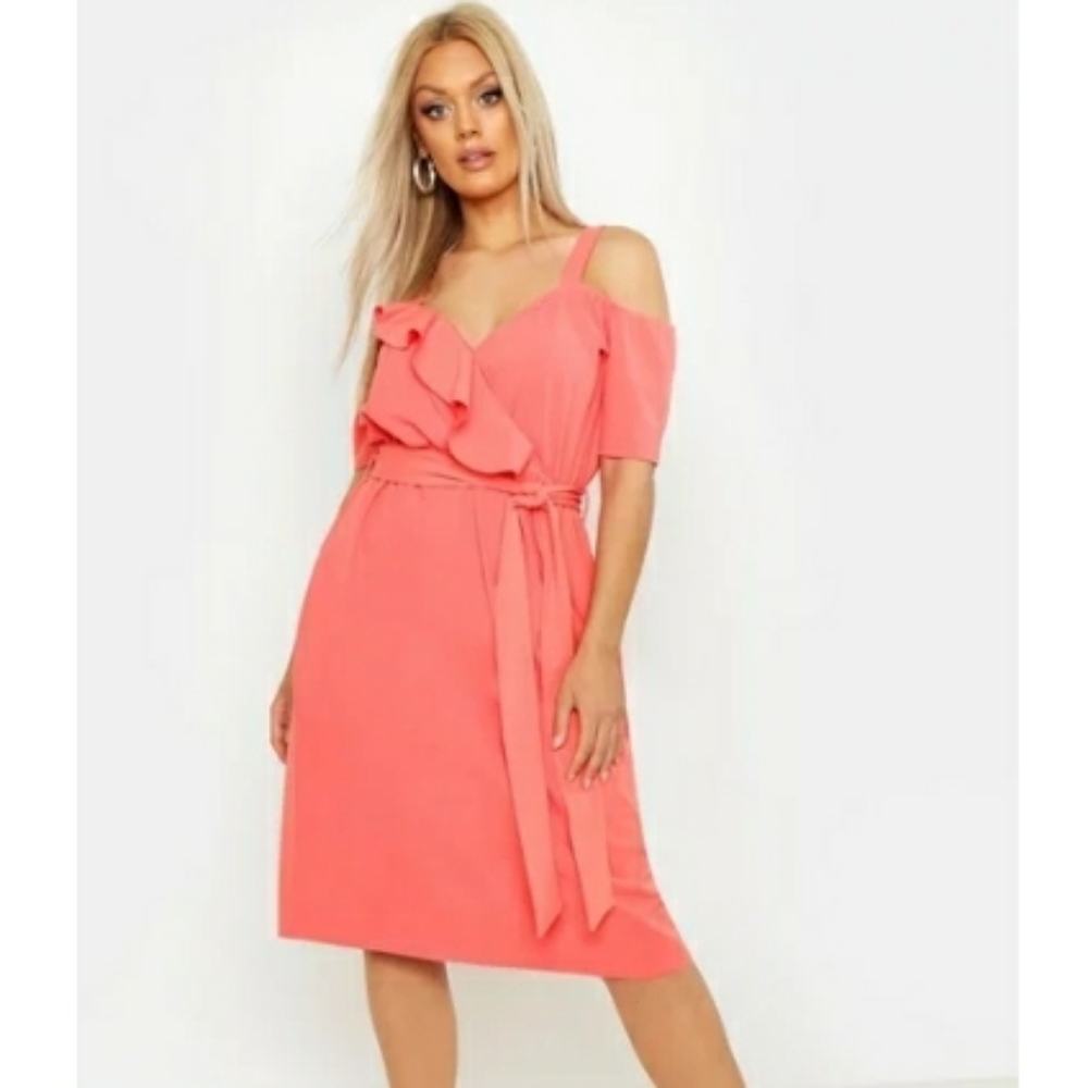 Coral Ruffle Midi Dress